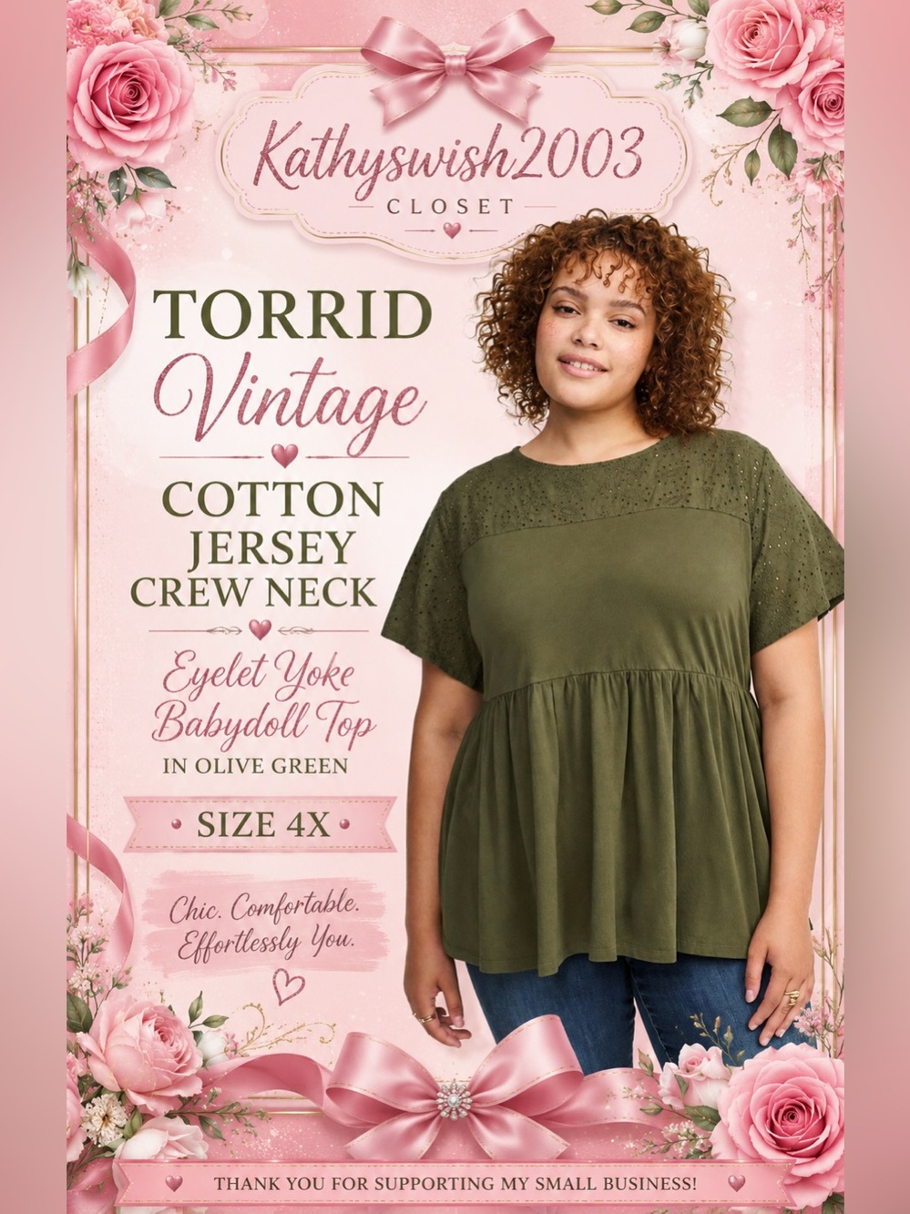 Torrid Vintage Cotton Jersey Crew Neck
Eyelet Yoke Babydoll Top in Olive Green